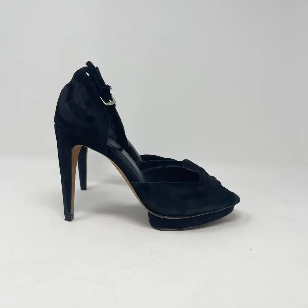 Rebecca Minkoff Ivy Peep Toe Pump Womens 8M Black Suede Ankle Strap Dressy Party